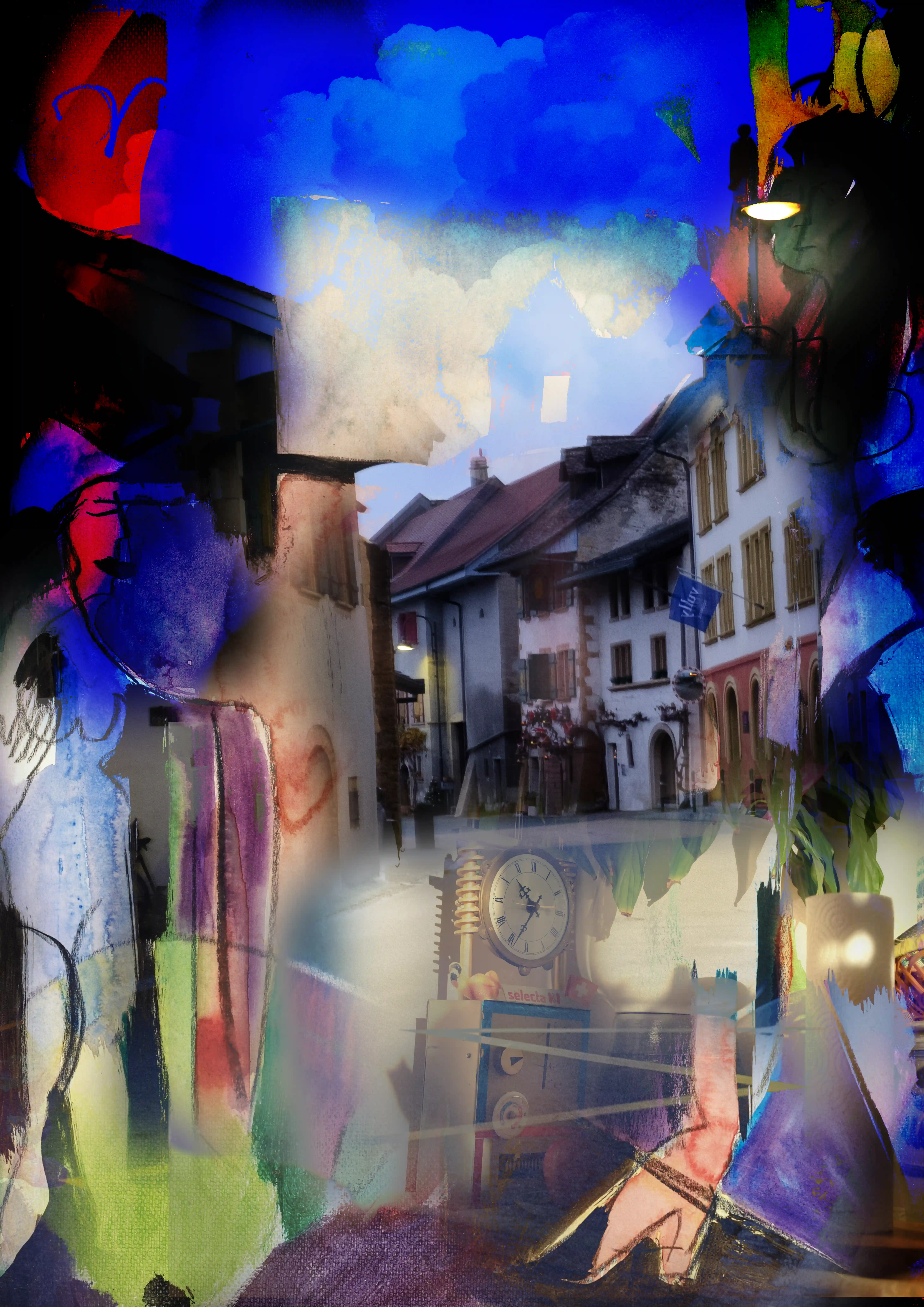 Dreamlike digital collage of a street in Môtier, Switzerland, with lots of blue, abstract figures and a clock made by the artist’s wife’s late grandfather.